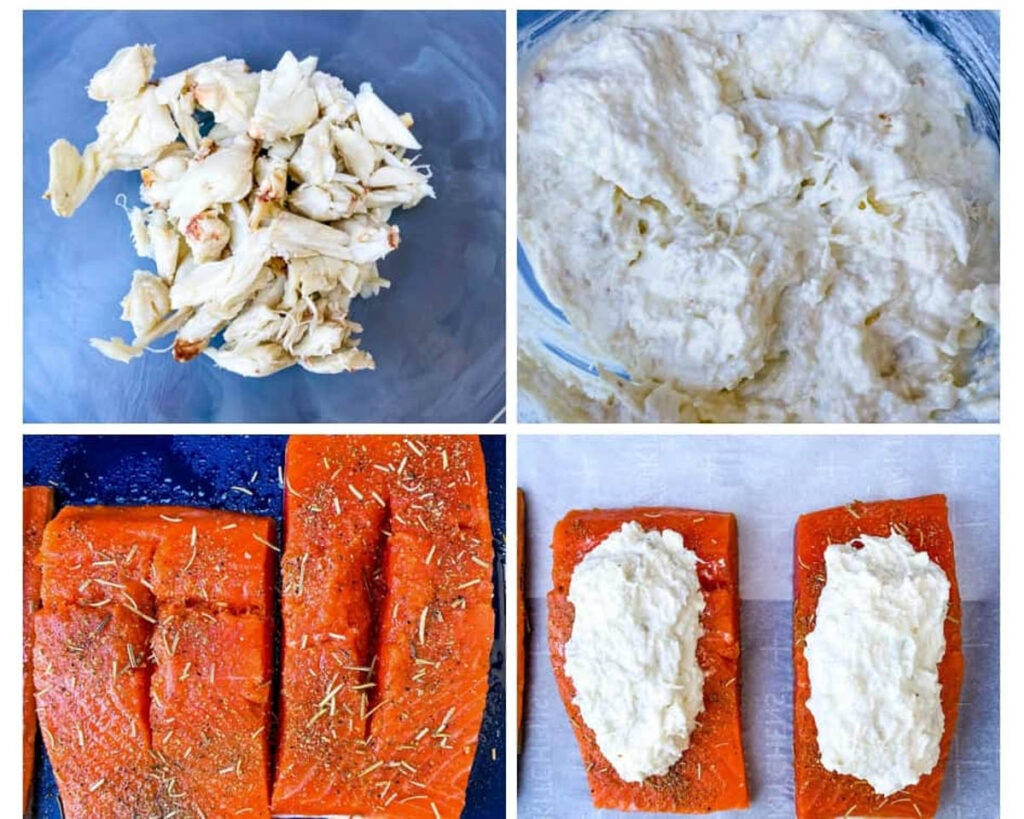 collage of 4 photos with crab meat mixture and salmon with slits in the middle