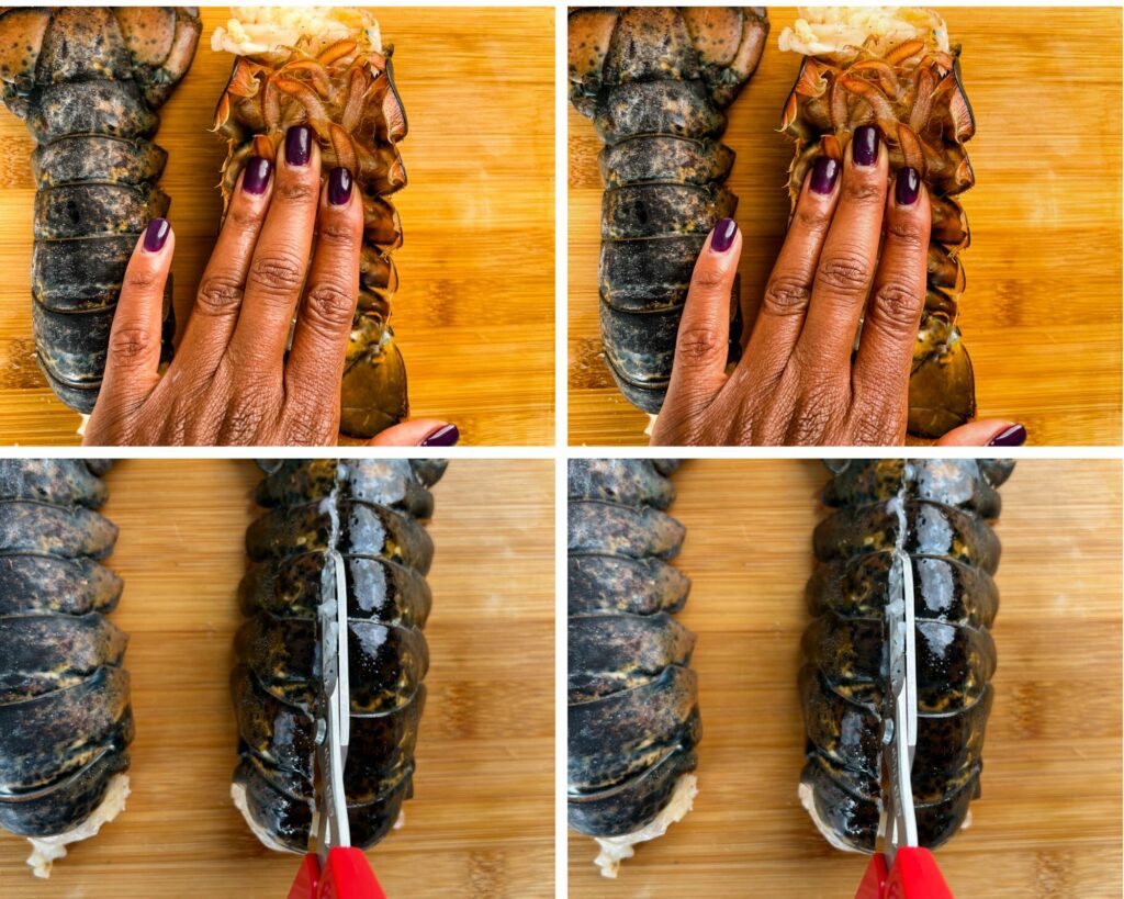 collage photo showing how to butterfly lobster with kitchen shears