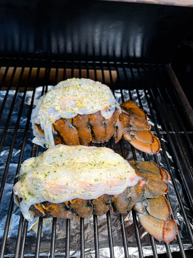 lobster tails with garlic butter on a Traeger smoker