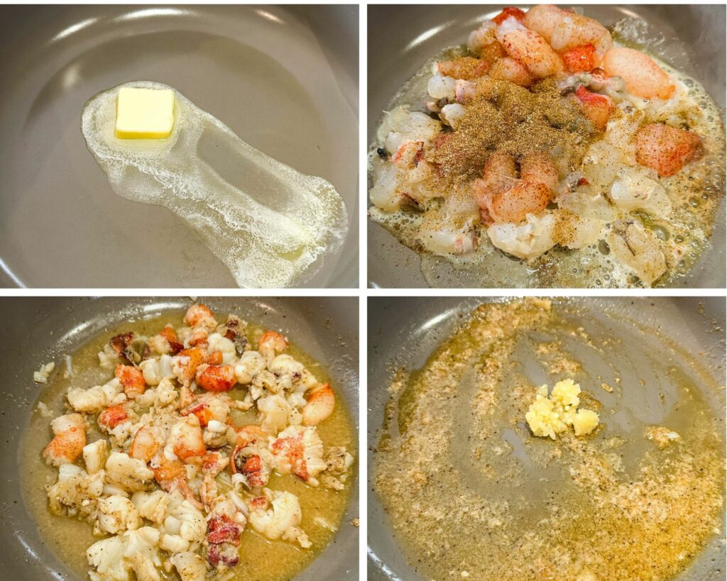 collage of 4 photos with butter and lobster cooked in a pan