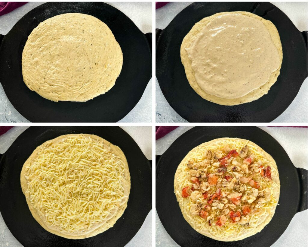collage of 4 photos with unbaked pizza crust, lobster and cheese