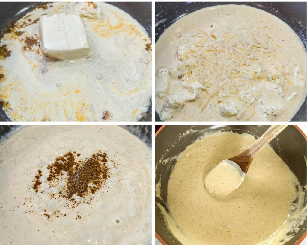 collage of 4 photos with cream cheese, heavy cream, Parmesan reggiano, white wine, and spices in a pan to create cream sauce