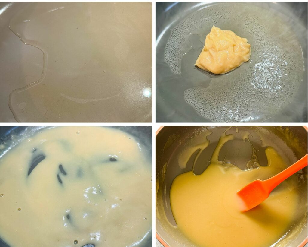 collage of 4 photos with miso, sake, and mirin cooked in a saucepan