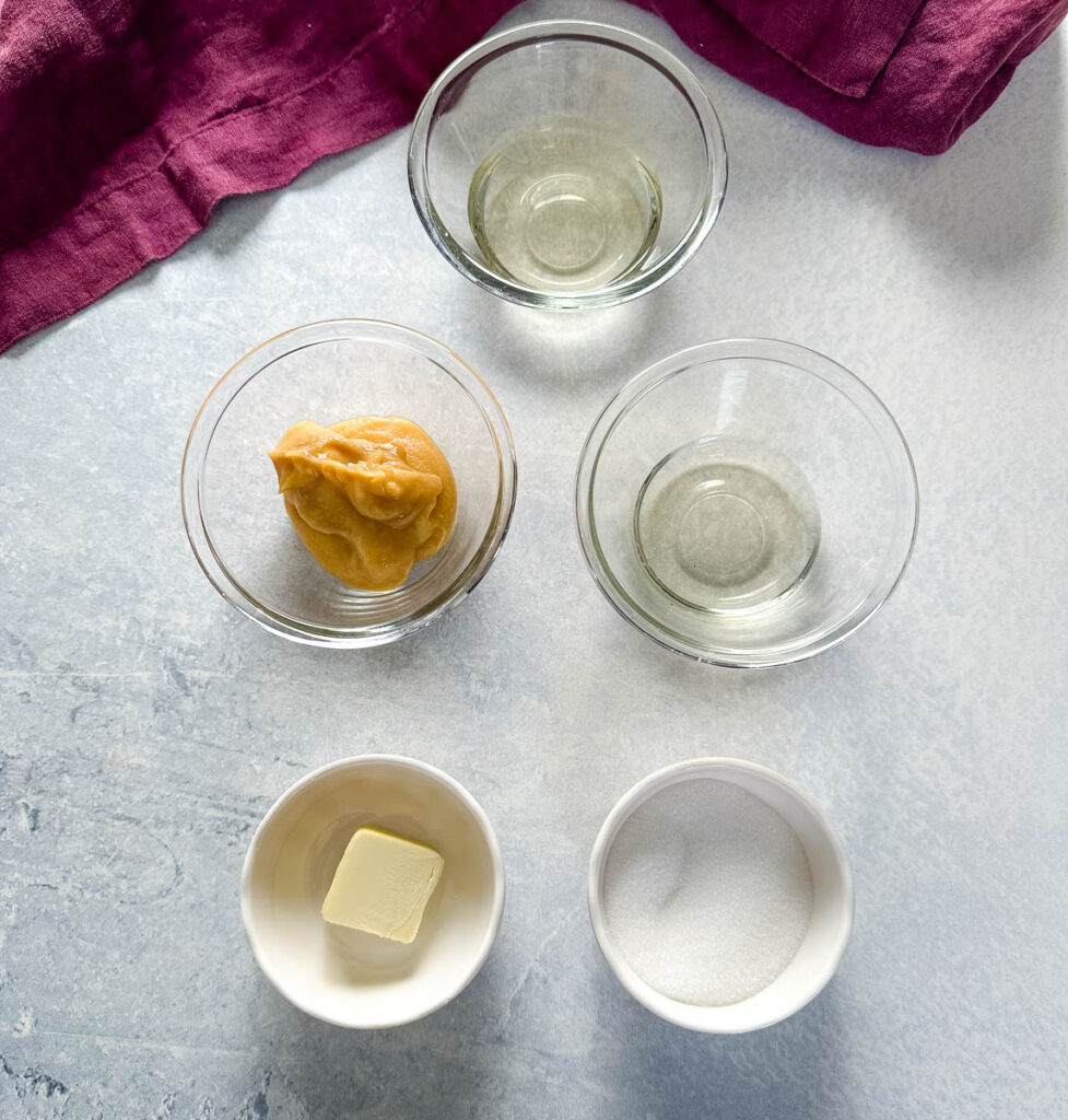 sake, mirin, miso, butter, and sugar in separate bowls