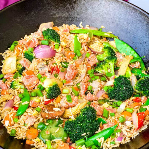 salmon fried rice in a wok