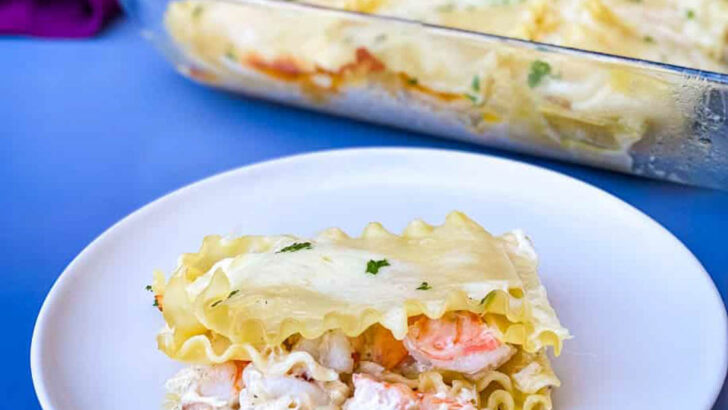 seafood lasagna with shrimp on a plate