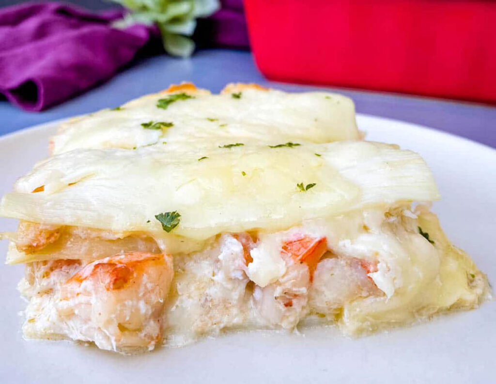 seafood lasagna with shrimp on a plate