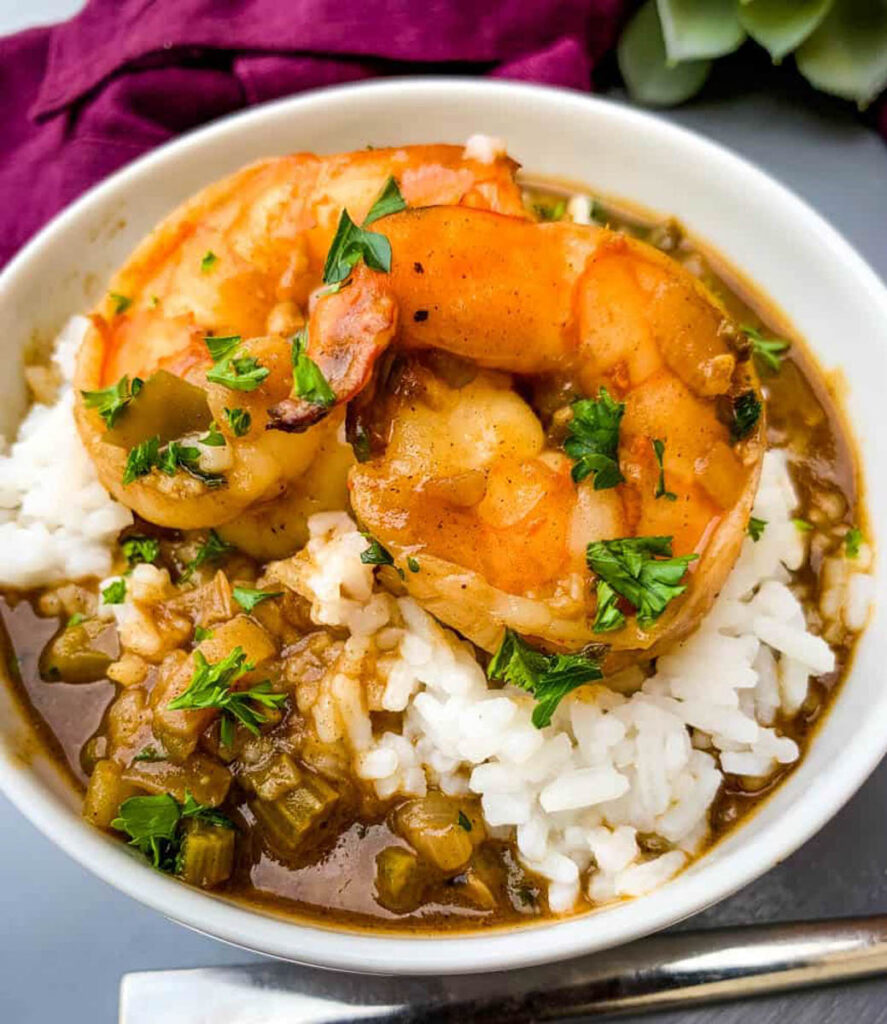 Shrimp Etouffee with rice in a white bowl