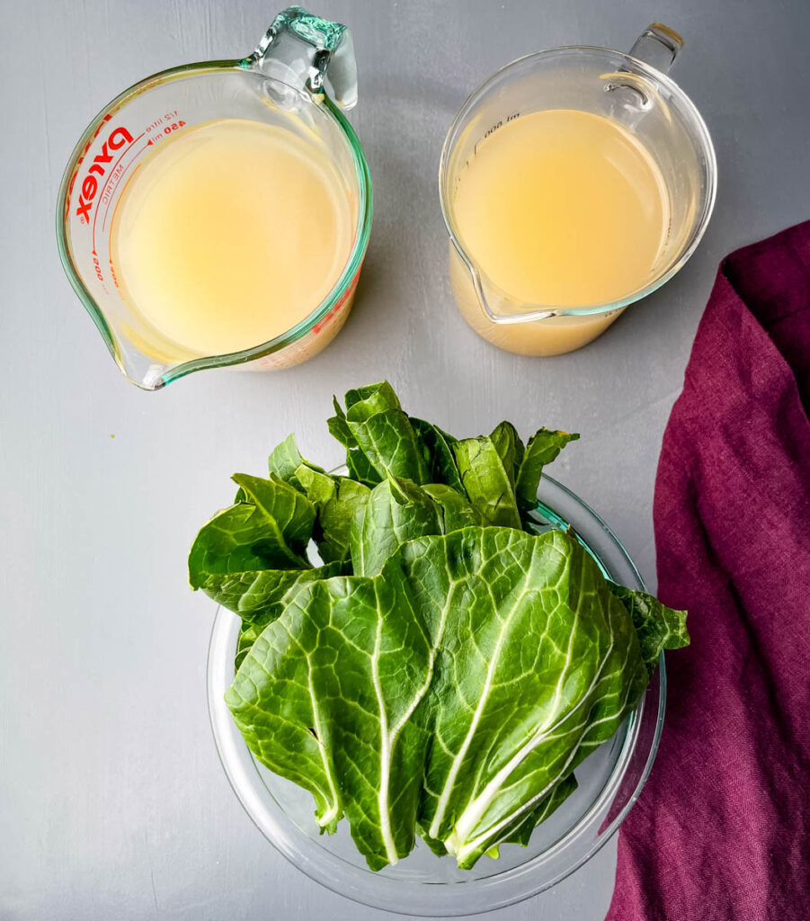 broth and bok choy in separate bowls