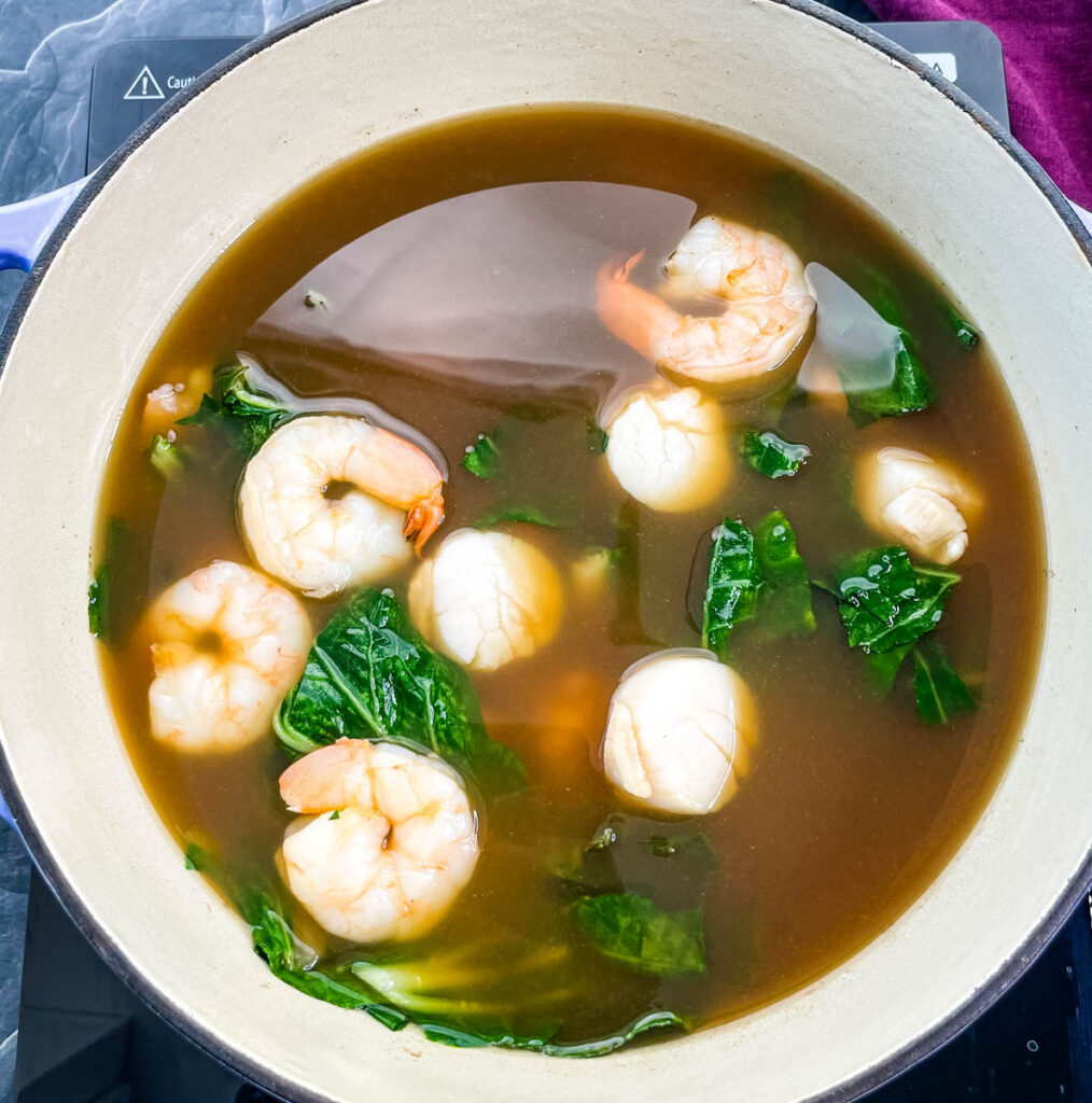 shrimp soup in a large soup pot