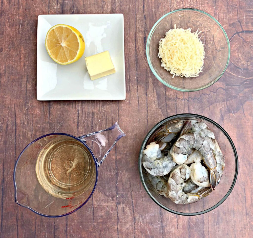 lemon, butter, raw shrimp, parmesan, and broth in separate bowls