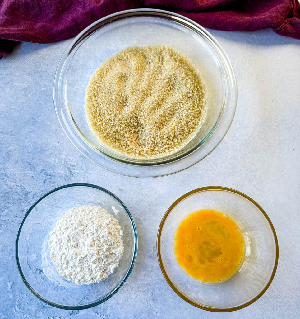 panko breadcrumbs, all purpose flour, and egg in separate bowls