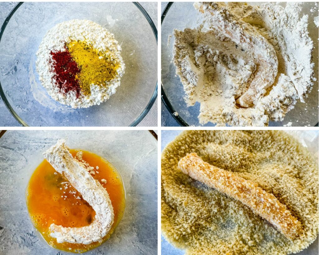 collage of 4 photos with breaded cod in flour, egg, and breadcrumbs