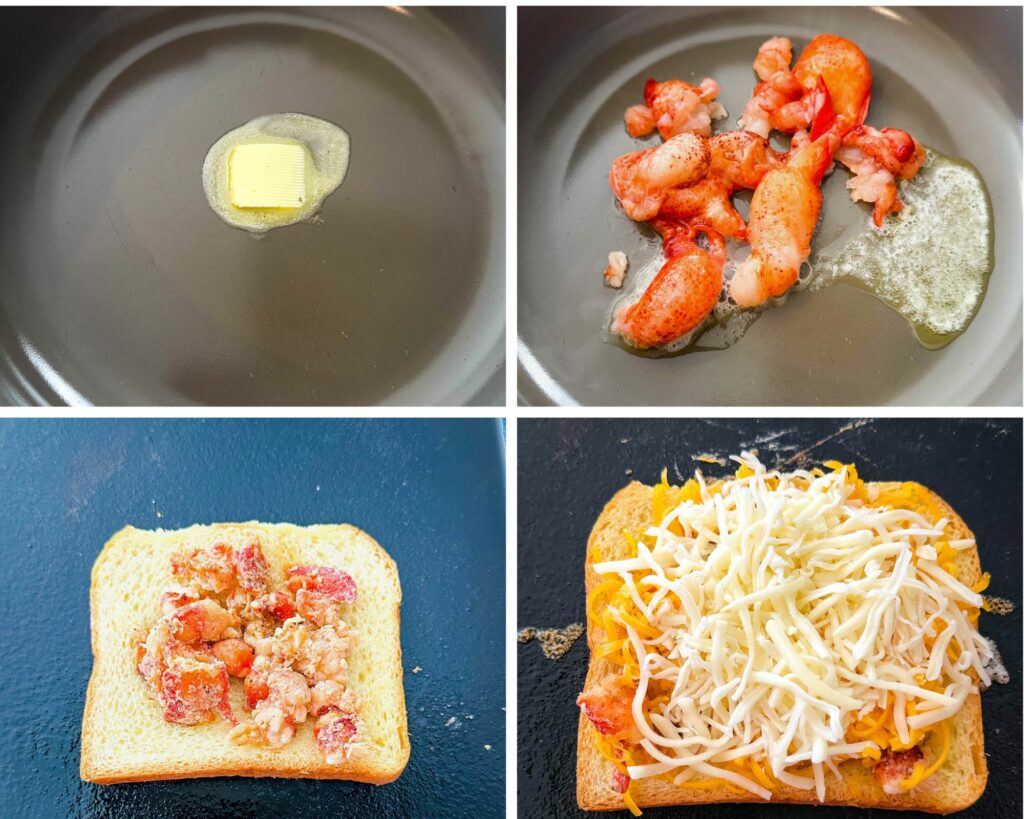 collage of 4 photos with butter, lobster, and lobster grilled cheese sandwich in a cast iron skillet