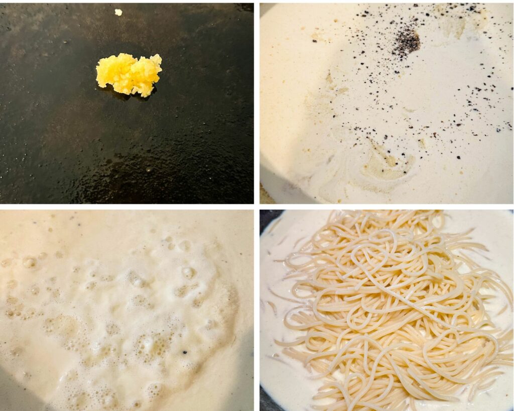 collage of 4 photos with pasta cream sauce in a cast iron skillet