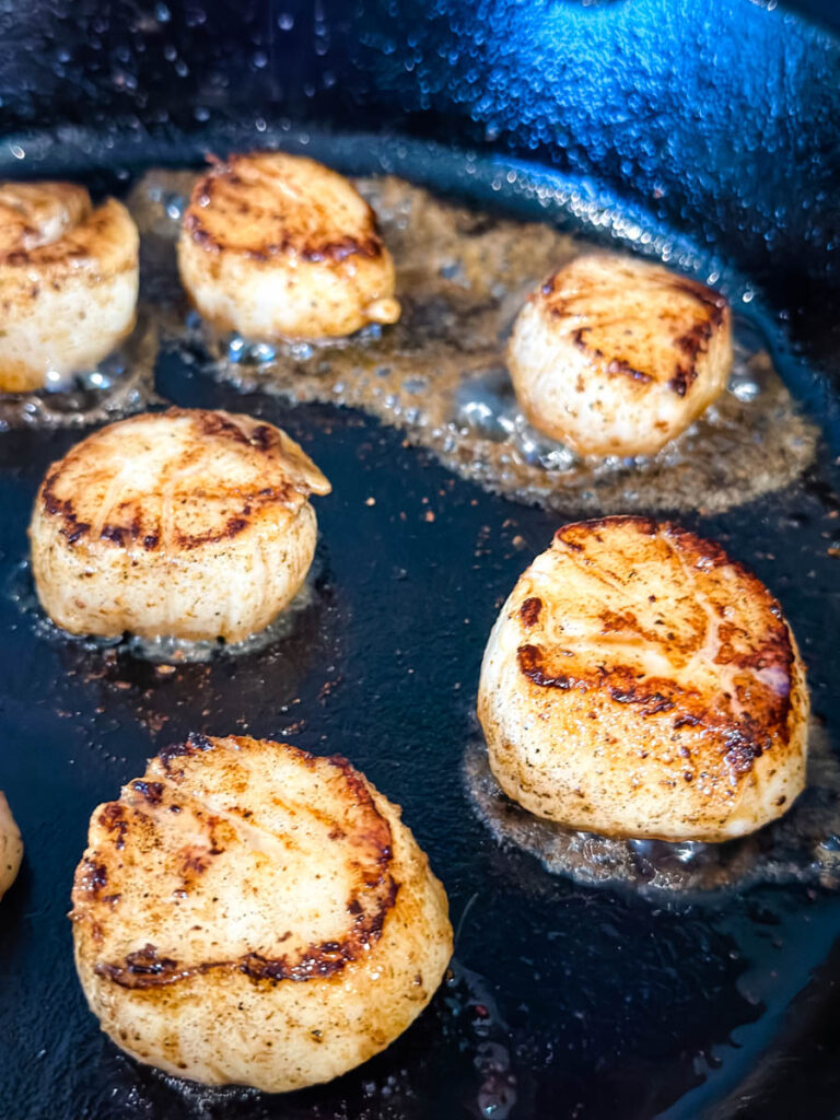 browned cooked scallops in a cast iron skillet