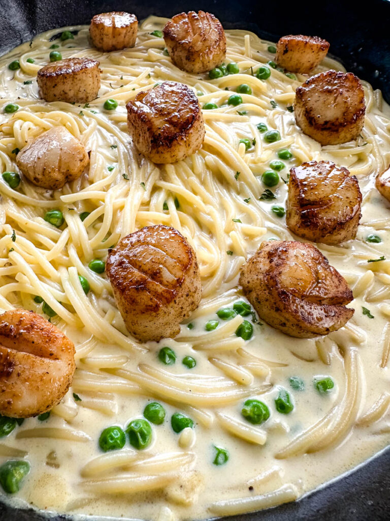 scallops and spaghetti pasta in white lemon cream sauce