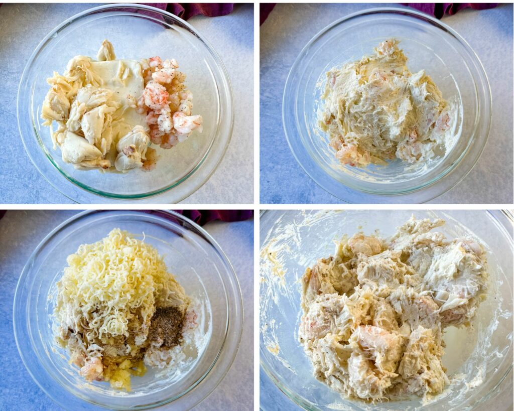 collage of 4 photos with cream cheese, shredded parmesan, shredded mozzarella cheese, spices, and worcestershire sauce in a glass bowl