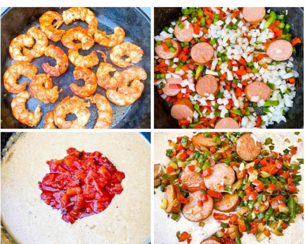 collage of 4 photos with cooked shrimp and vegetables in a skillet
