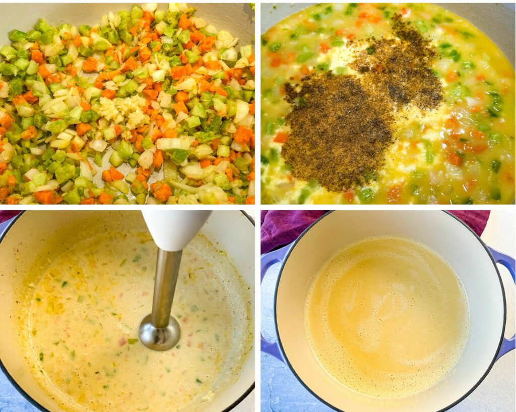 collage of 4 photos with crab bisque pureed with an immersion hand blender