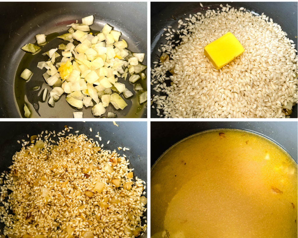 collage of 4 photos with butter, arborio rice, and risotto in a pot