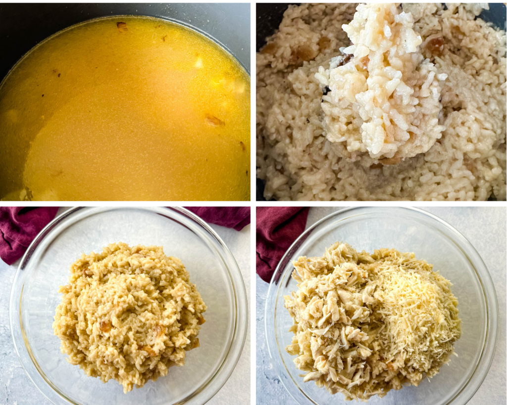 collage of 4 photos with butter, arborio rice, and risotto in a glass bowl