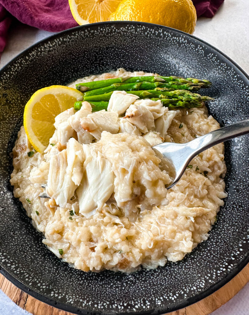 a fork full of crab risotto