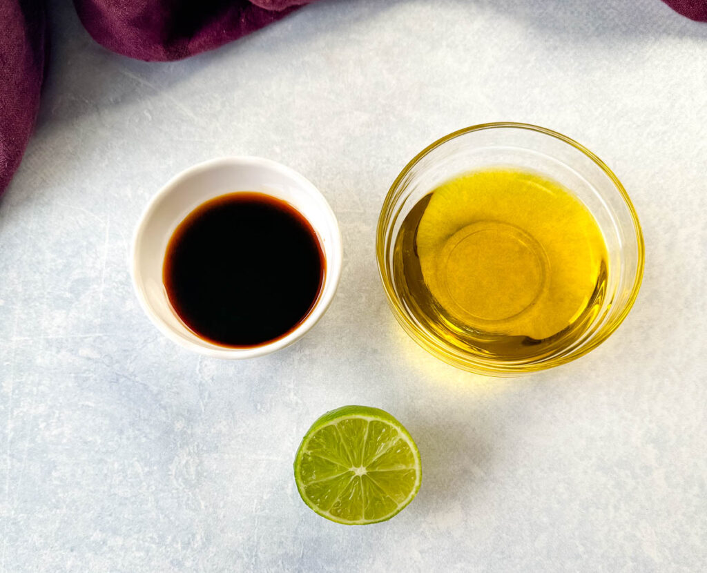 balsamic vinegar, olive oil, and lime in separate bowls