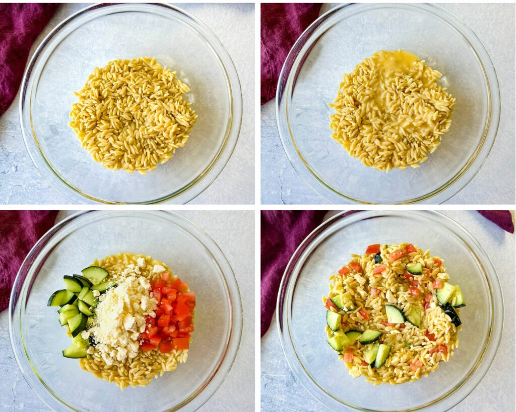 collage of 4 photos with orzo, Italian dressing, and vegetables in a glass bowl