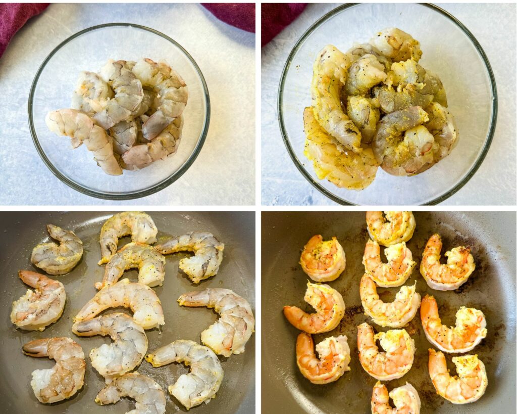 collage of 4 photos with shrimp cooked in a skillet