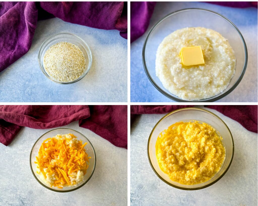 cooked grits with cheese in a glass bowl