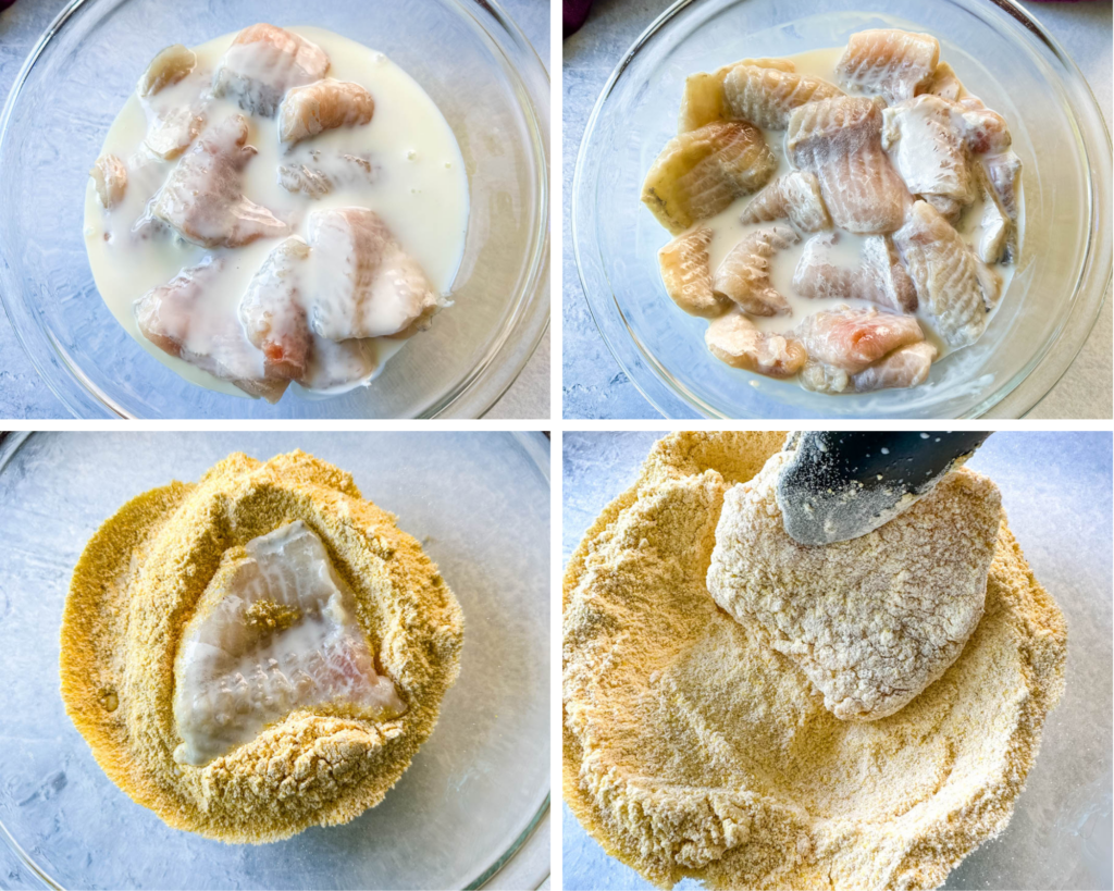 collage of 4 photos showing catfish drizzled with buttermilk and coated with fish breading
