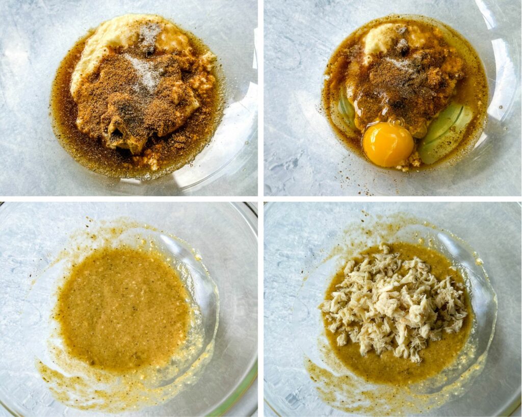 collage of 4 photos with egg, breadcrumbs, crab meat, and worcestershire sauce in a glass bowl to form crab cake patties