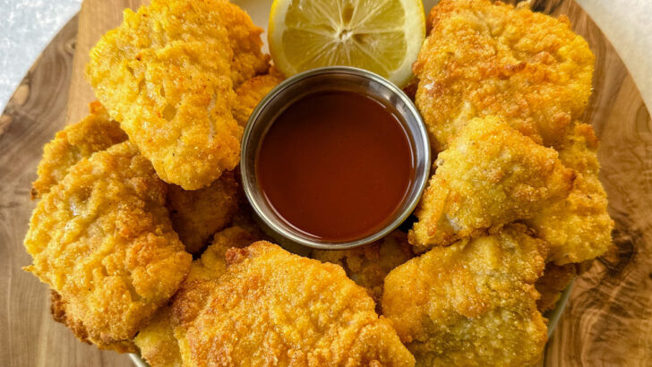 breaded catfish nuggets on a plate with hot sauce and a fresh lemon