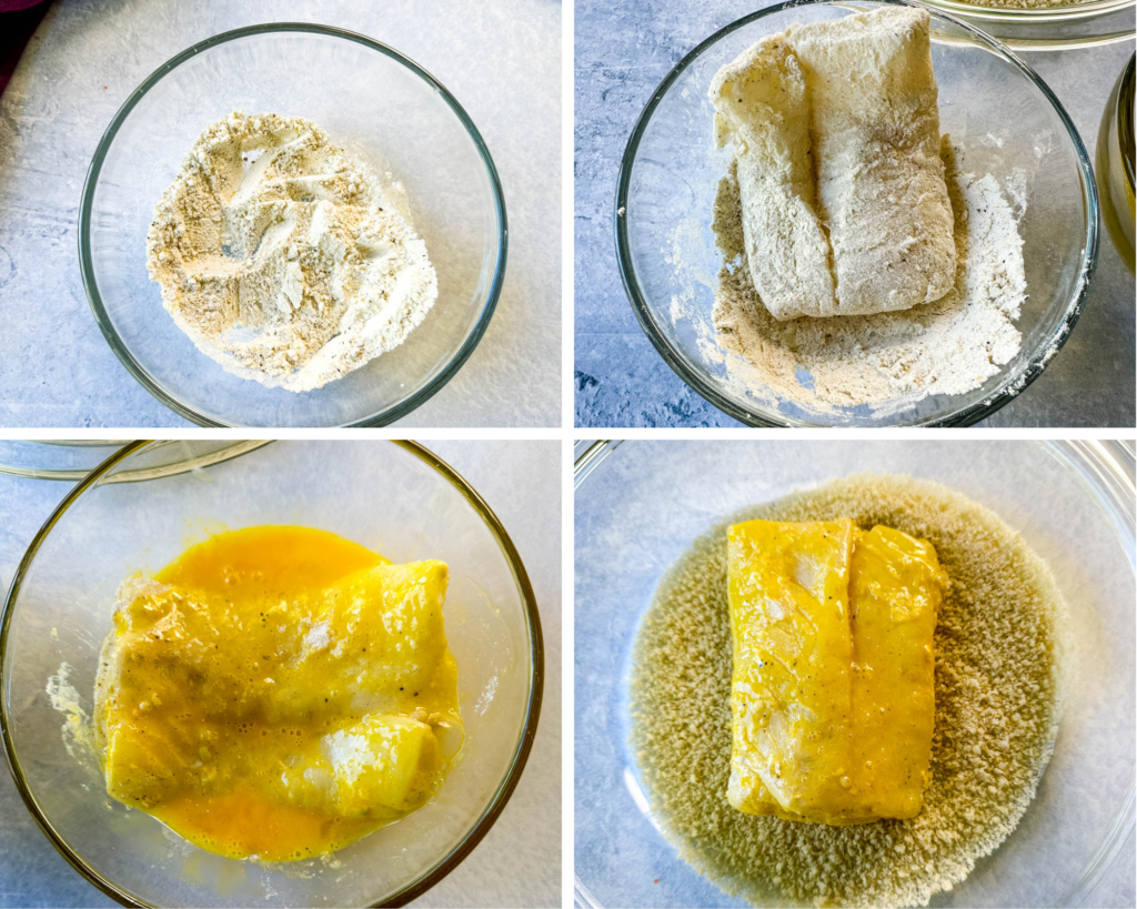 collage of 4 photos with raw fish breaded with eggs, flour, and breadcrumbs in a glass bowl