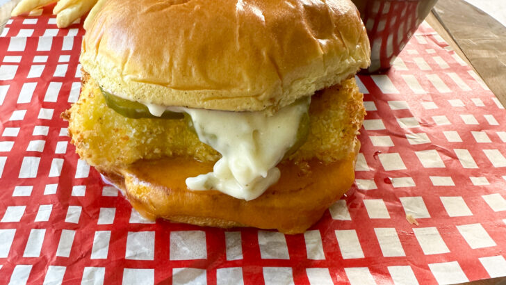 fish sandwich with cheese, pickles, and tartar sauce on a brioche bun on a plate with fries