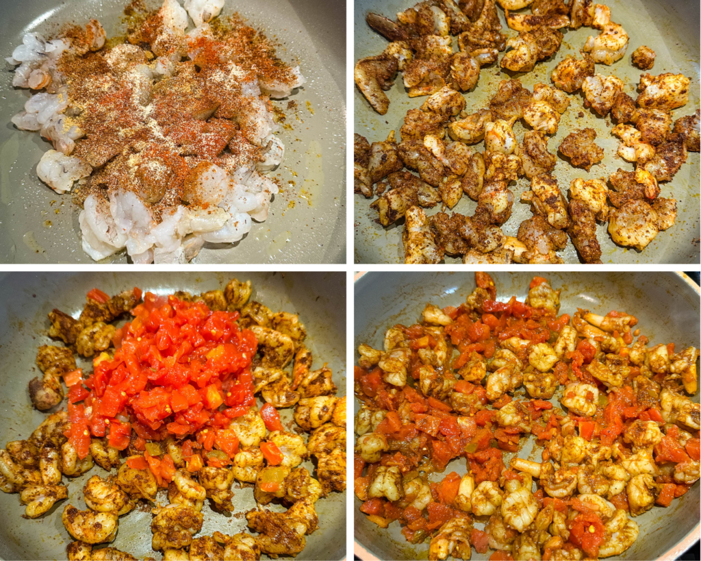 collage of 4 photos with raw shrimp cooked in a pan with homemade taco seasoning