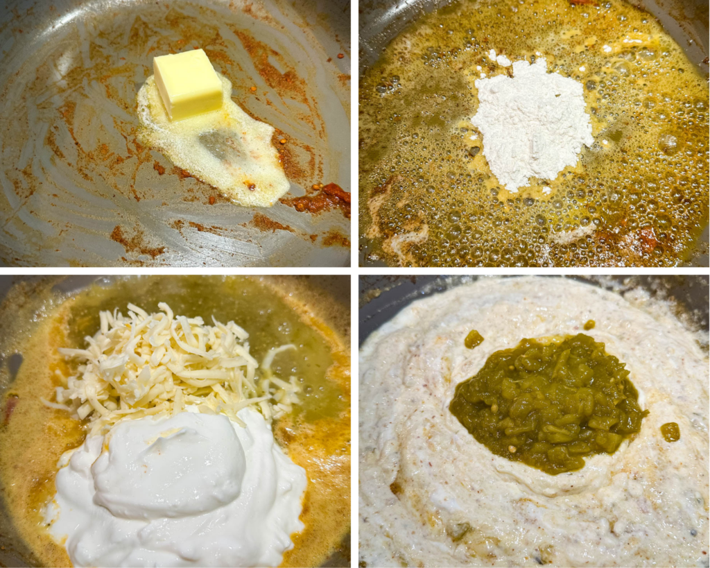 collage of 4 photos with butter, flour, sour cream, and salsa verde cream sauce