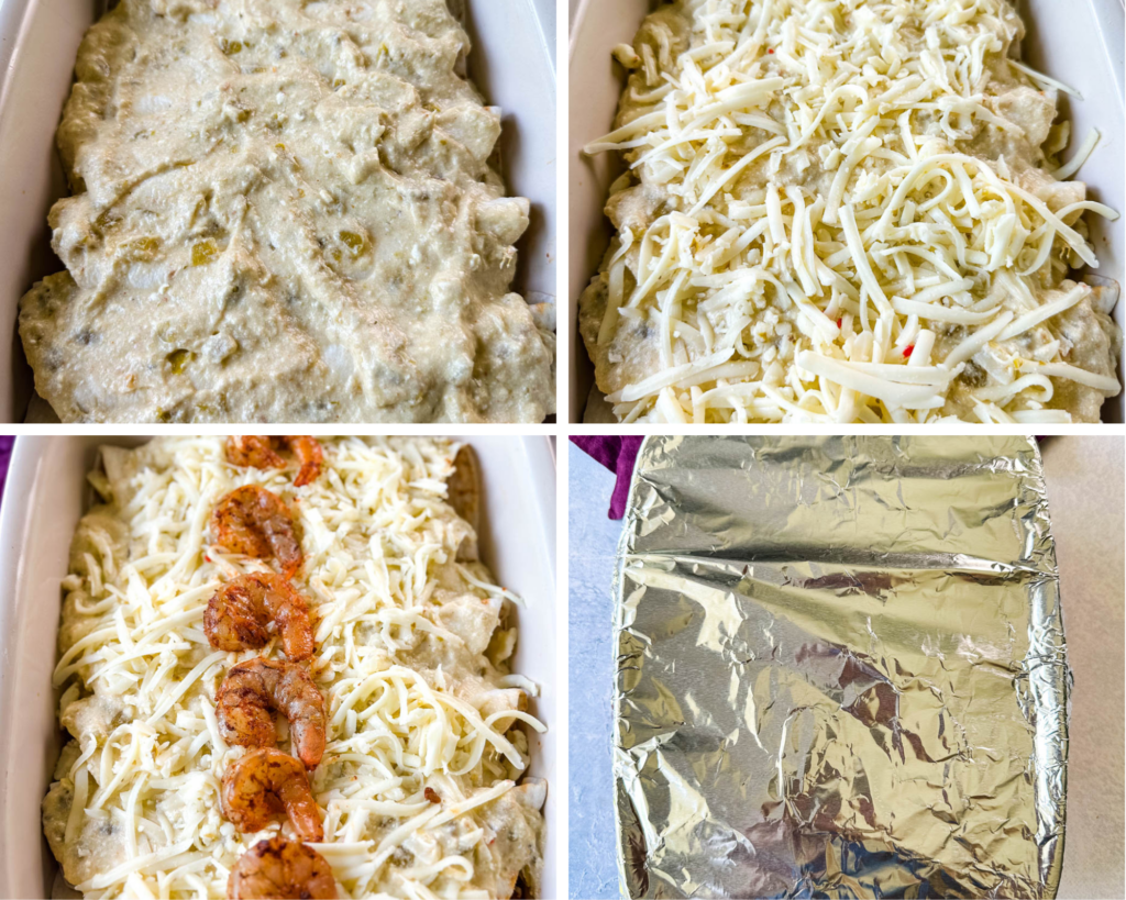 collage of 4 photos with unbaked shrimp enchiladas in a baking dish with cheese and cream sauce