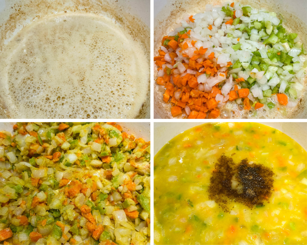 collage of 4 photos with carrots, celery, onion, and broth in a Dutch oven