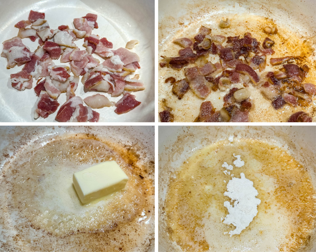 collage of 4 photos with cooked bacon, butter, and flour in a Dutch oven