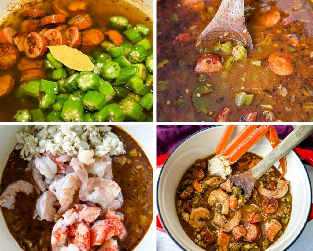 collage of 4 photos uncooked Cajun seafood gumbo in a Dutch oven