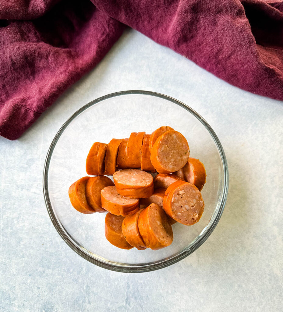 andouille sausage in a glass bowl
