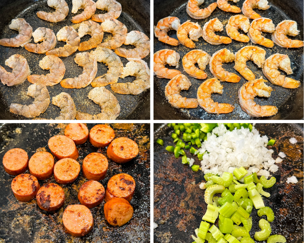 collage of 4 photos with shrimp cooked in a cast iron skillet and onions, green peppers, and celery in the skillet