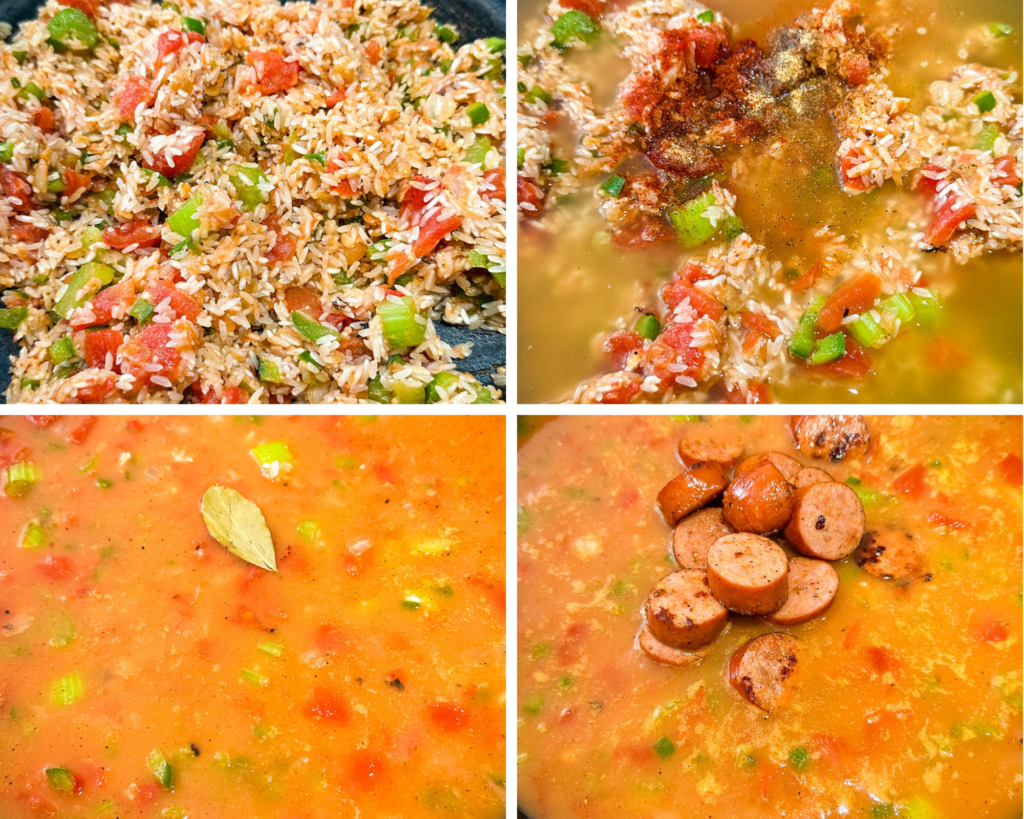 collage of 4 photos with uncooked seafood jambalaya in a cast iron skillet