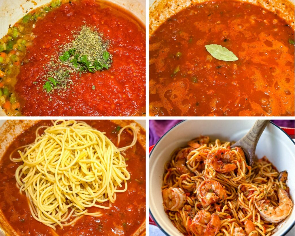 collage of 4 photos with marinara sauce cooked in a pot with spaghetti pasta