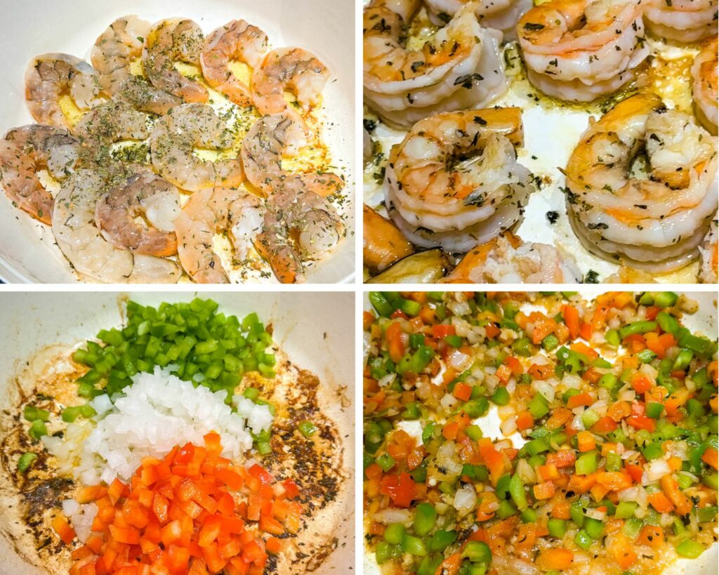 collage of 4 photos with cooked shrimp in a pot and sauteed vegetables