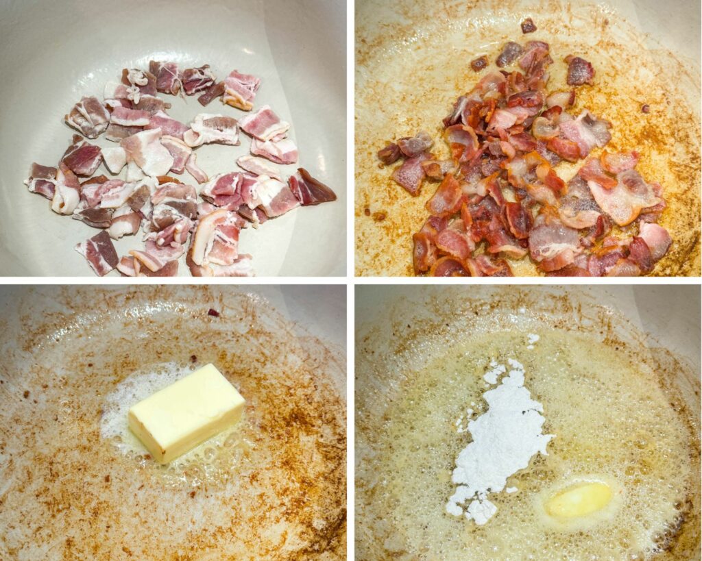 collage of 4 photos with cooked bacon, melt butter, and all purpose flour