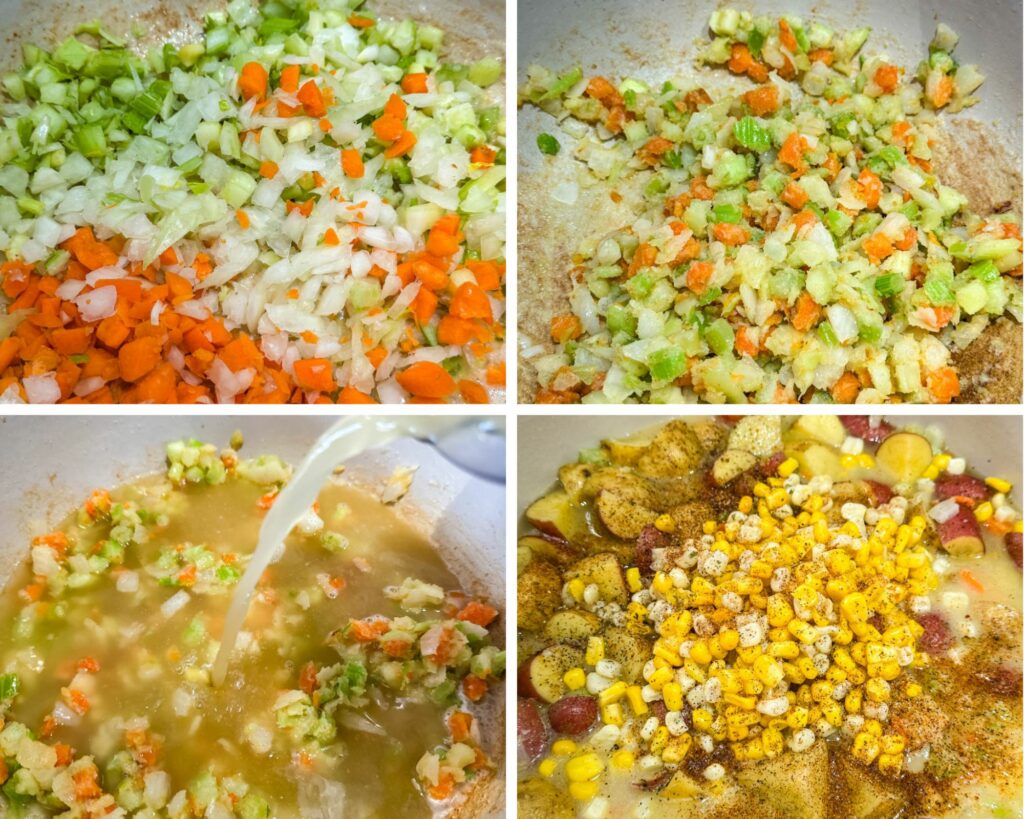 collage of 4 photos with cooked carrots, celery, onions, potatoes, and corn in a Dutch oven