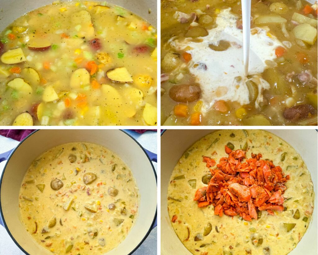 collage of 4 photos cooked salmon chowder in a Dutch oven